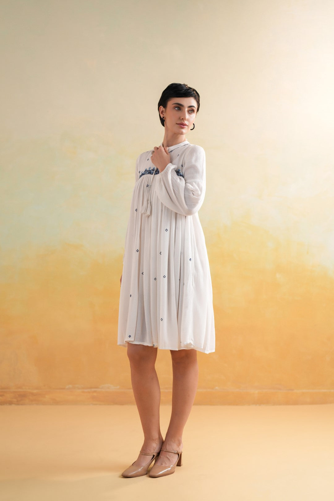 Nyaro Signature White Embroidered Rayon Crepe Short Dress