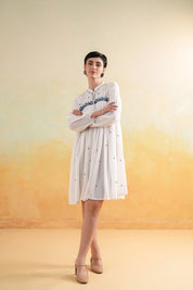 Nyaro Signature White Embroidered Rayon Crepe Short Dress