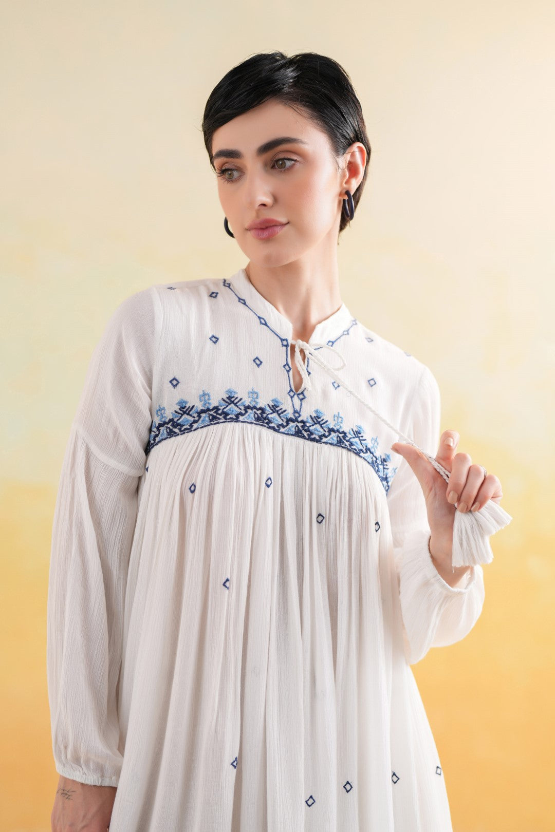 Nyaro Signature White Embroidered Rayon Crepe Short Dress