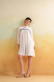 Nyaro Signature White Embroidered Rayon Crepe Short Dress