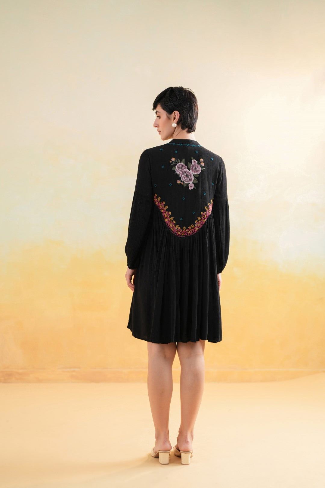 Nyaro Signature Rayon Crepe Embroidered Short Dress – Black