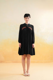 Nyaro Signature Rayon Crepe Embroidered Short Dress – Black
