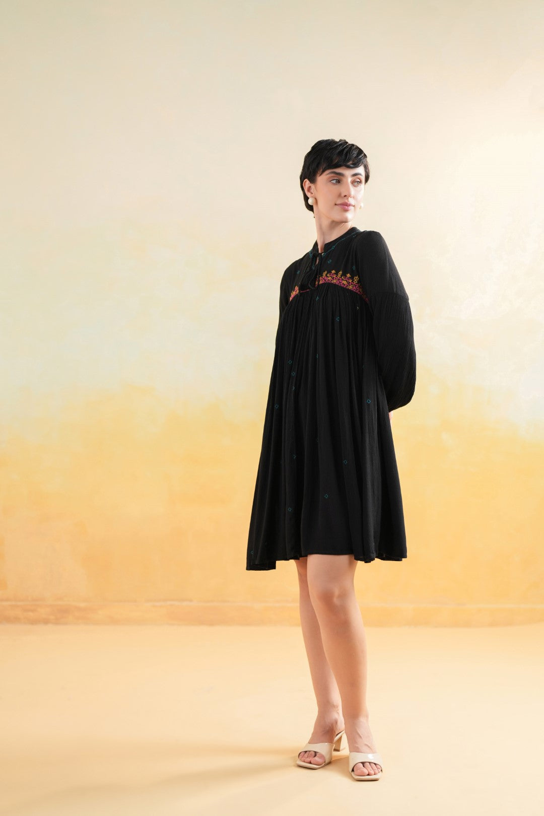 Nyaro Signature Rayon Crepe Embroidered Short Dress – Black