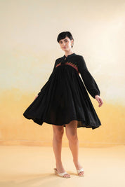 Nyaro Signature Rayon Crepe Embroidered Short Dress – Black