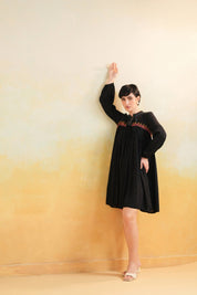 Nyaro Signature Rayon Crepe Embroidered Short Dress – Black