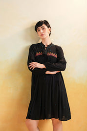 Nyaro Signature Rayon Crepe Embroidered Short Dress – Black
