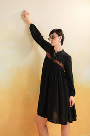 Nyaro Signature Rayon Crepe Embroidered Short Dress – Black