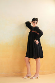 Nyaro Signature Rayon Crepe Embroidered Short Dress – Black