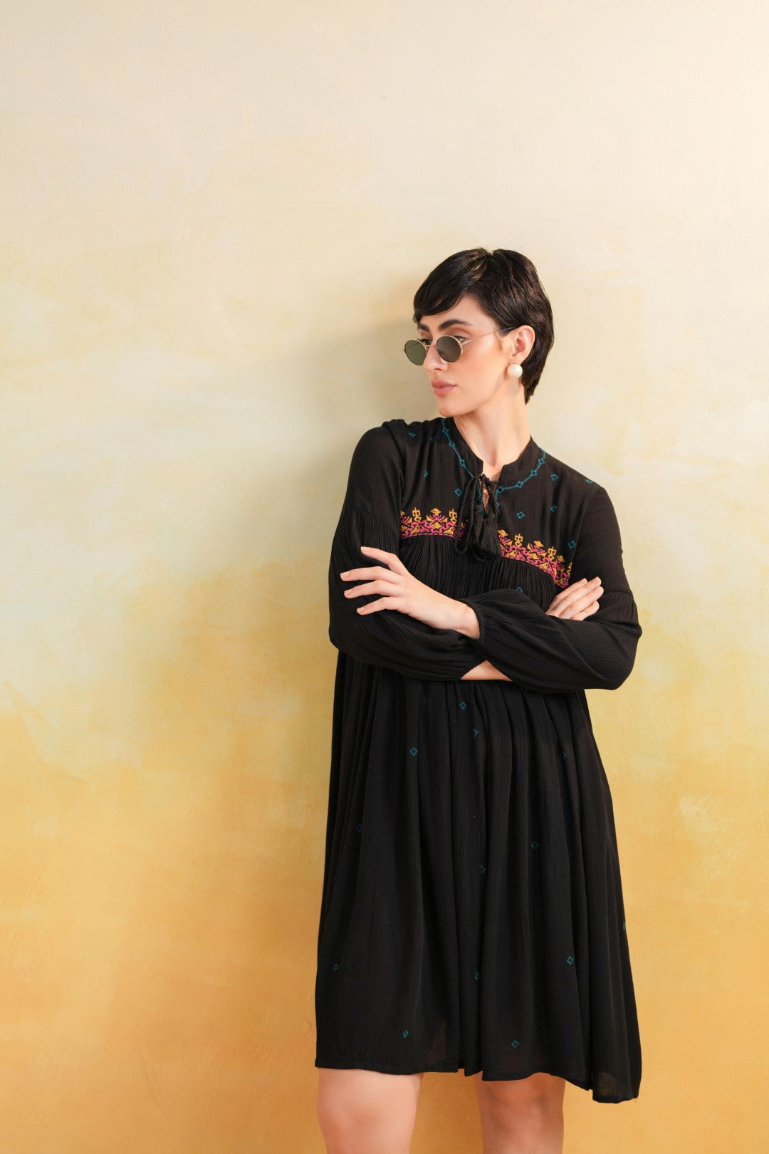 Nyaro Signature Rayon Crepe Embroidered Short Dress – Black