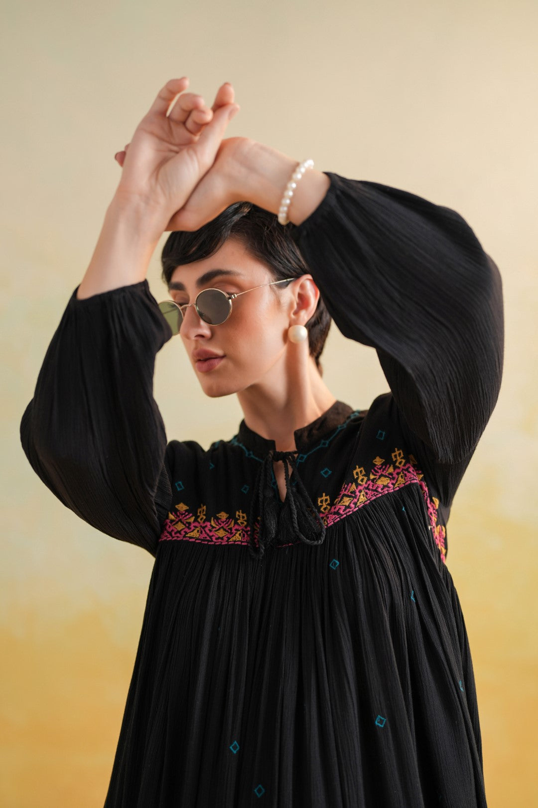 Nyaro Signature Rayon Crepe Embroidered Short Dress – Black