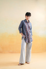 Women’s Cotton Linen Blue Color Embroidered Top: