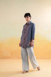 Women’s Cotton Linen Blue Color Embroidered Top: