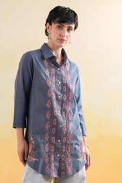 Women’s Cotton Linen Blue Color Embroidered Top: