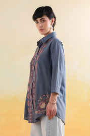 Women’s Cotton Linen Blue Color Embroidered Top: