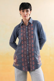 Women’s Cotton Linen Blue Color Embroidered Top: