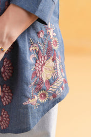 Women’s Cotton Linen Blue Color Embroidered Top: