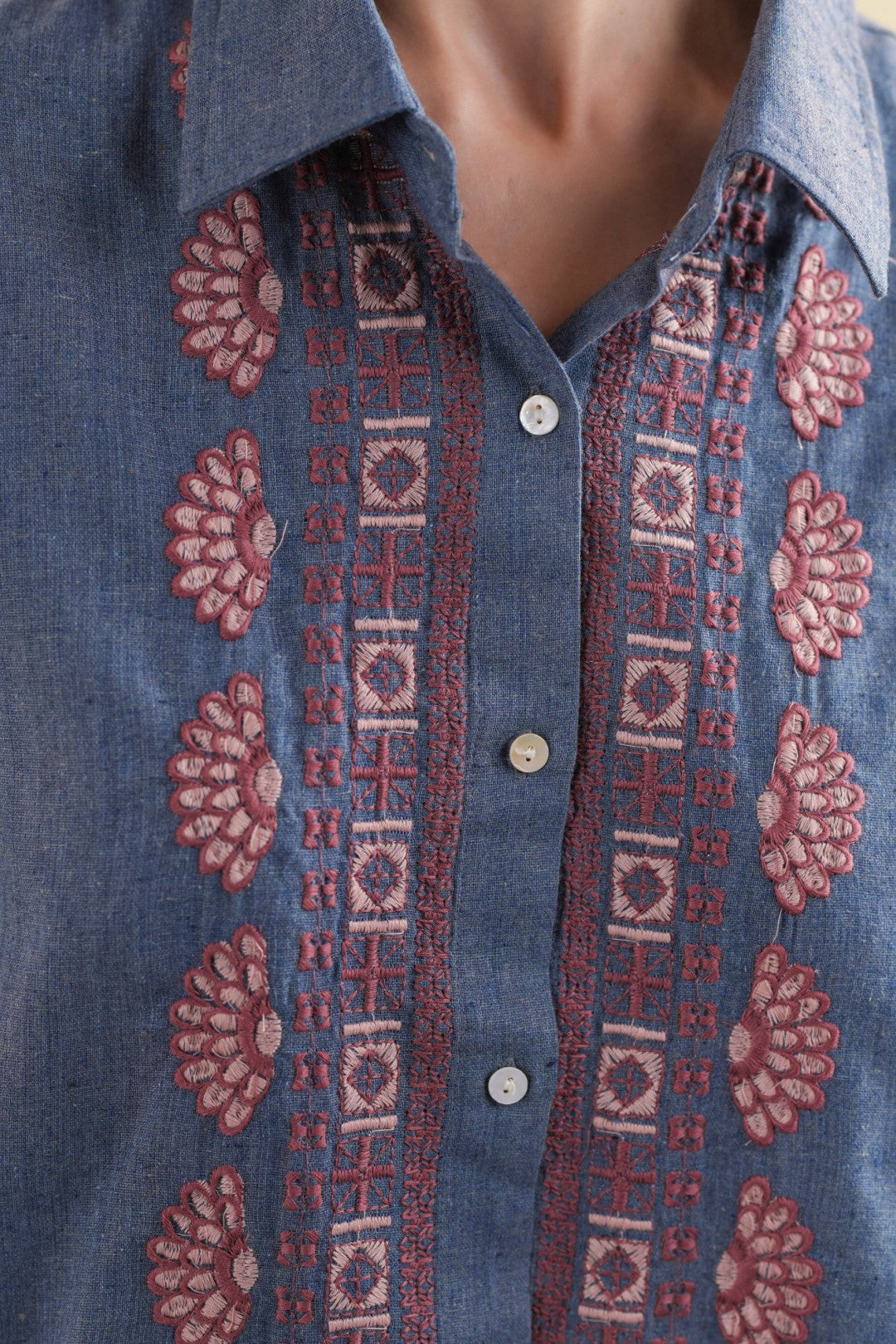 Women’s Cotton Linen Blue Color Embroidered Top: