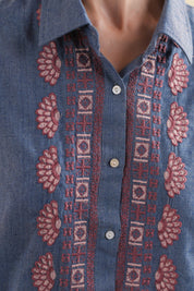 Women’s Cotton Linen Blue Color Embroidered Top: