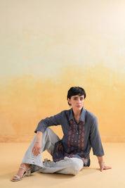Women’s Cotton Linen Blue Color Embroidered Top: