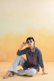 Women’s Cotton Linen Blue Color Embroidered Top: