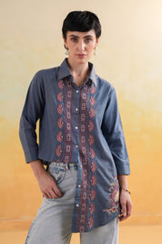 Women’s Cotton Linen Blue Color Embroidered Top: