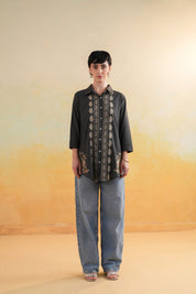 Women’s Cotton Linen Black Color Embroidered Top