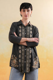 Women’s Cotton Linen Black Color Embroidered Top