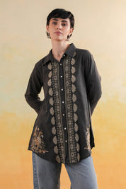 Women’s Cotton Linen Black Color Embroidered Top