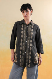 Women’s Cotton Linen Black Color Embroidered Top