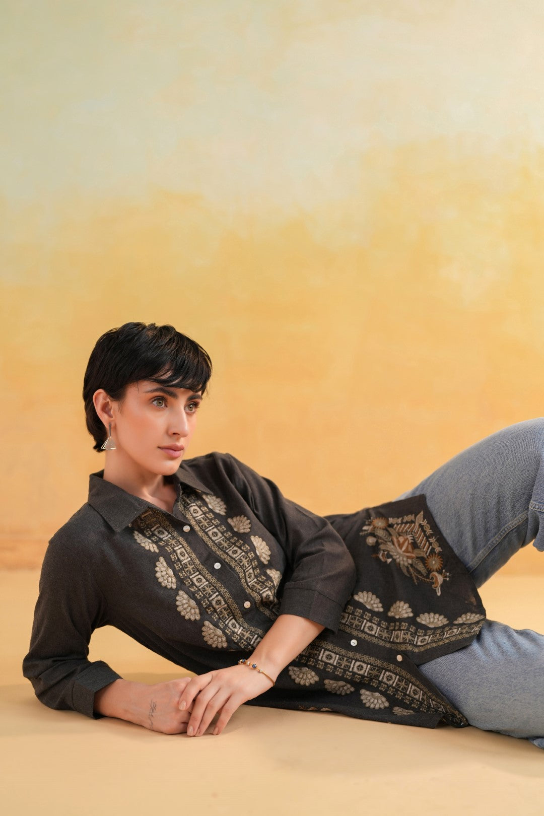 Women’s Cotton Linen Black Color Embroidered Top