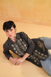 Women’s Cotton Linen Black Color Embroidered Top