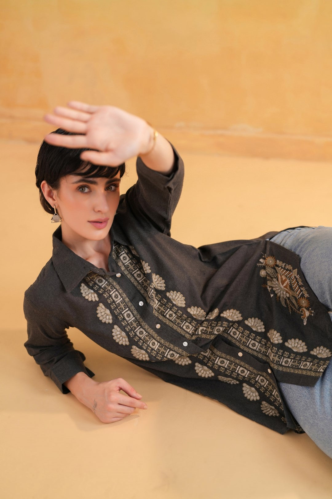 Women’s Cotton Linen Black Color Embroidered Top