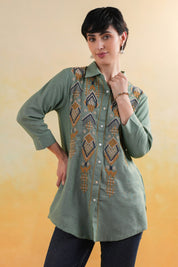 Women’s Cotton Linen Green Color Embroidered Top