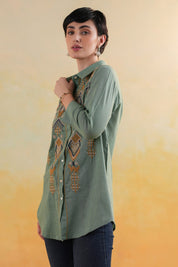 Women’s Cotton Linen Green Color Embroidered Top