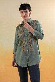 Women’s Cotton Linen Green Color Embroidered Top