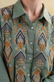 Women’s Cotton Linen Green Color Embroidered Top