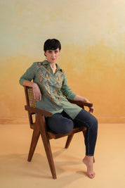Women’s Cotton Linen Green Color Embroidered Top