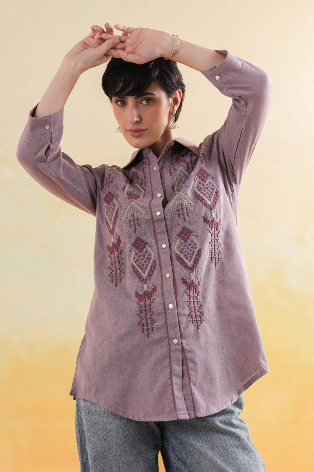 Women’s Cotton Linen Purple Color Embroidered Top