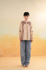 Women 60's Cotton Slub Beige Color Embroidered Top