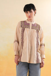 Women 60's Cotton Slub Beige Color Embroidered Top