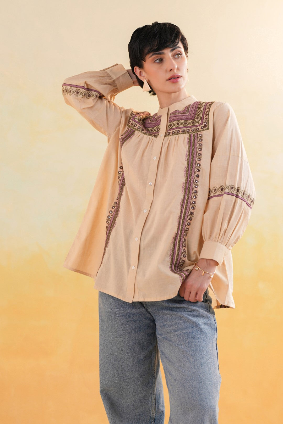 Women 60's Cotton Slub Beige Color Embroidered Top