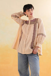 Women 60's Cotton Slub Beige Color Embroidered Top
