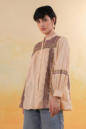 Women 60's Cotton Slub Beige Color Embroidered Top