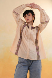 Women 60's Cotton Slub Beige Color Embroidered Top