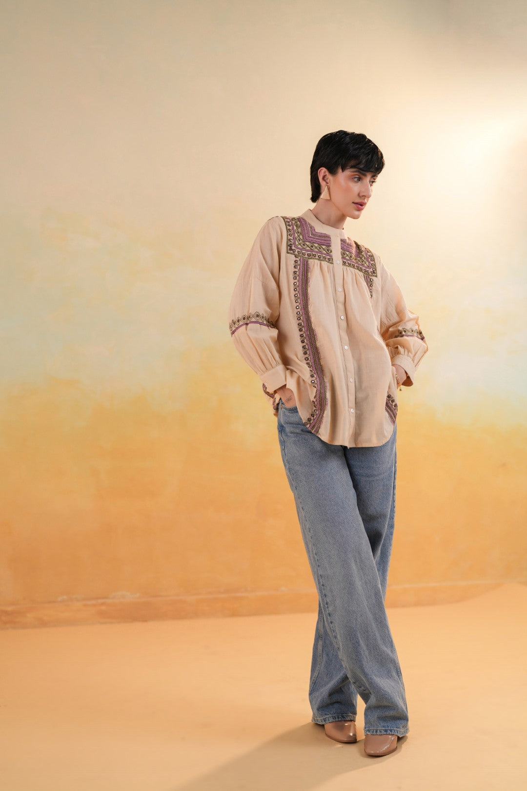 Women 60's Cotton Slub Beige Color Embroidered Top