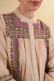 Women 60's Cotton Slub Beige Color Embroidered Top