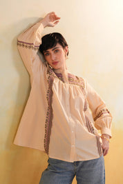 Women 60's Cotton Slub Beige Color Embroidered Top