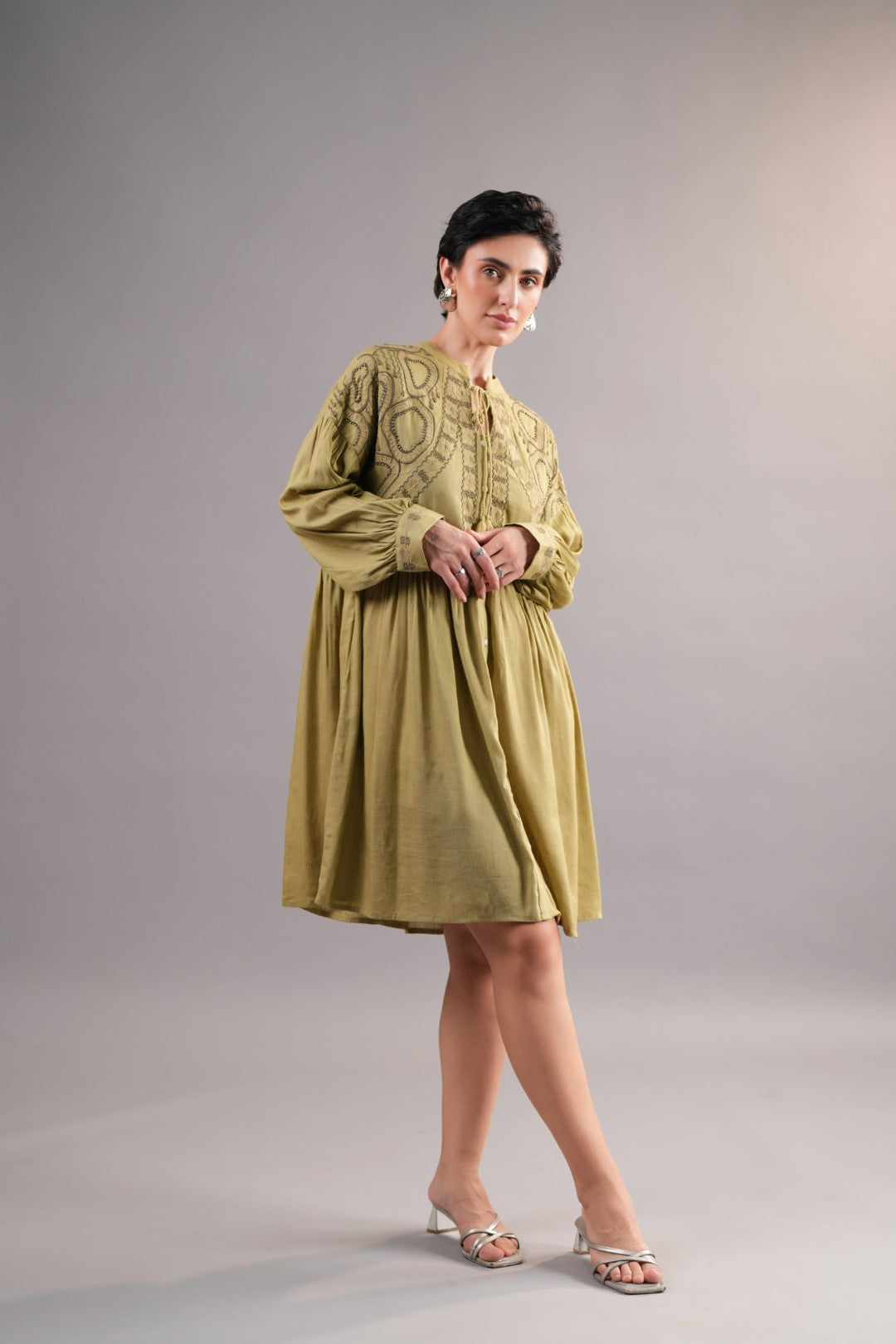 Women’s Rayon Flex Green Color Embroidered Beads Work Dress: