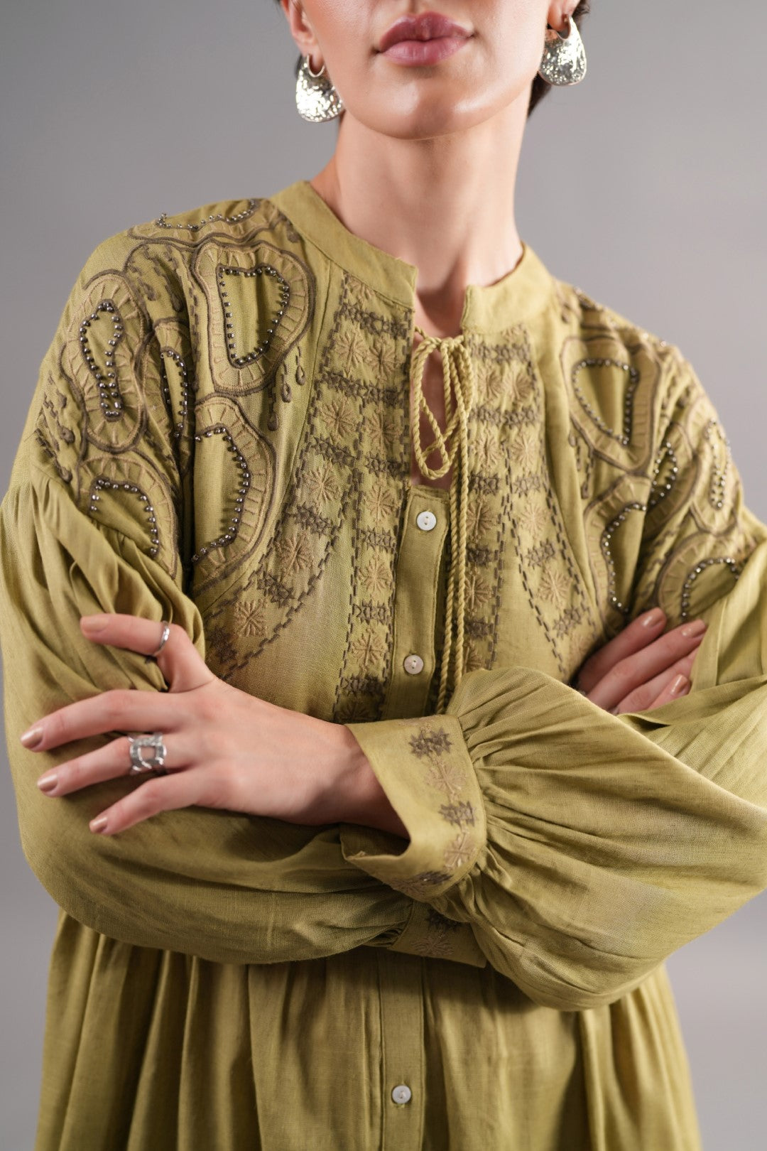 Women’s Rayon Flex Green Color Embroidered Beads Work Dress: