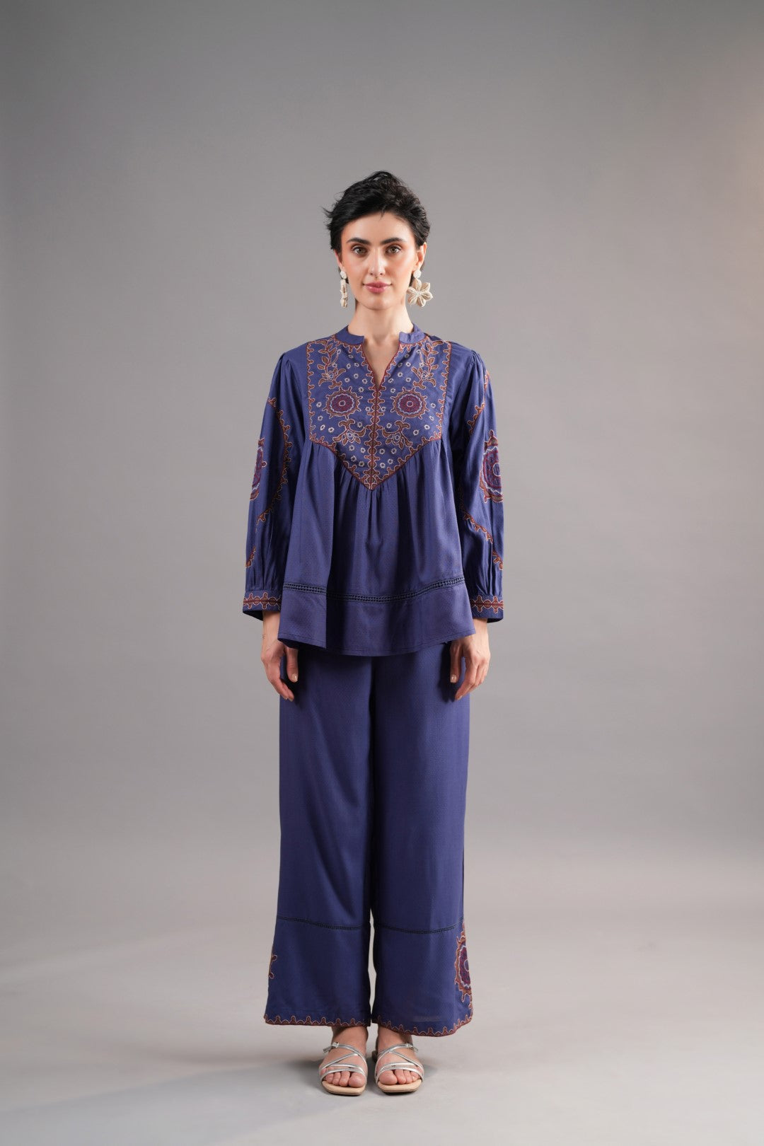 Women’s Viscose Dobby Blue Color Embroidered Co-Ord Set